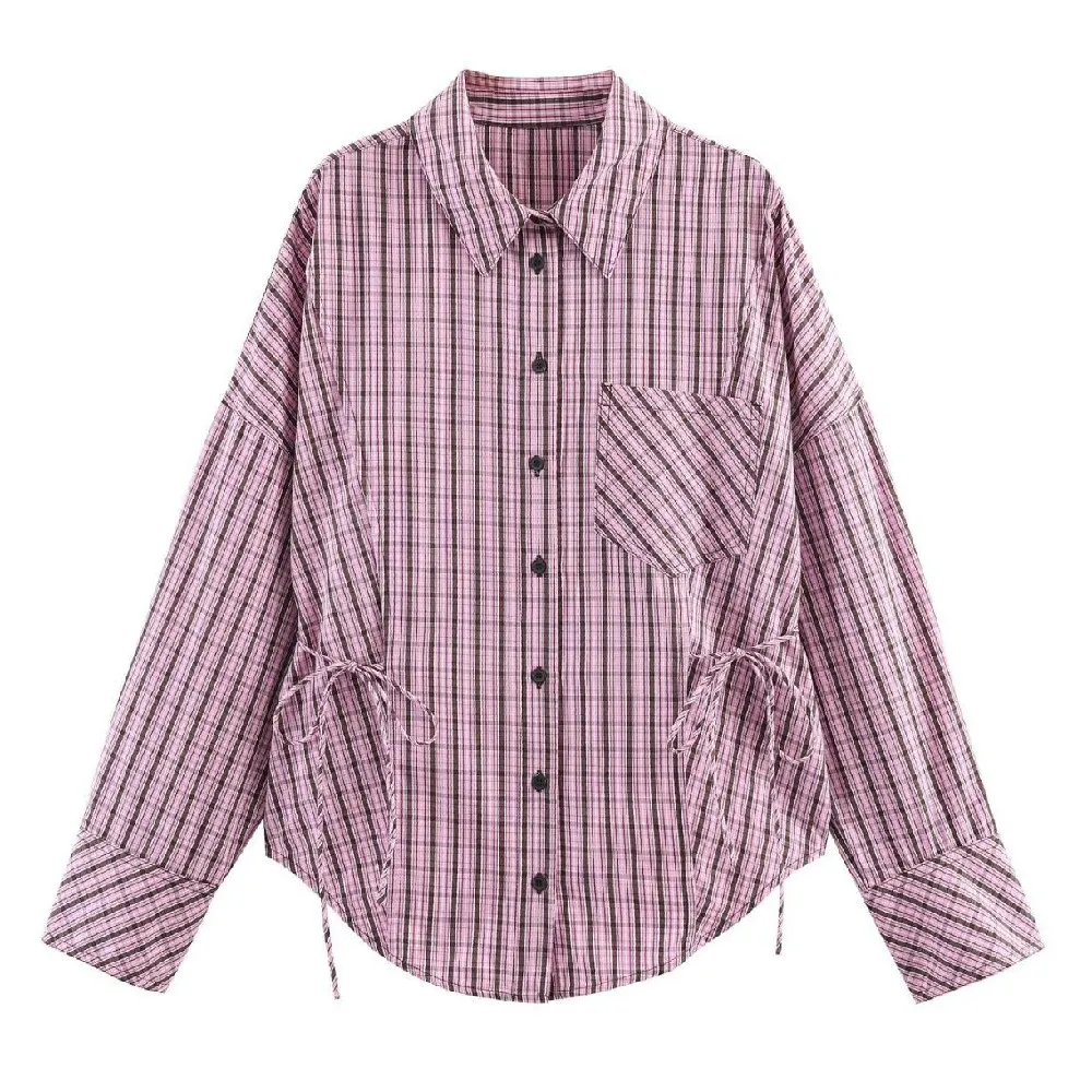 Spring Summer Fashion Pink Plaid Lapel Collar Long Sleeve Shirt Women Side Lacing up Bow Waist Loose Asymmetry Blouses Tops
