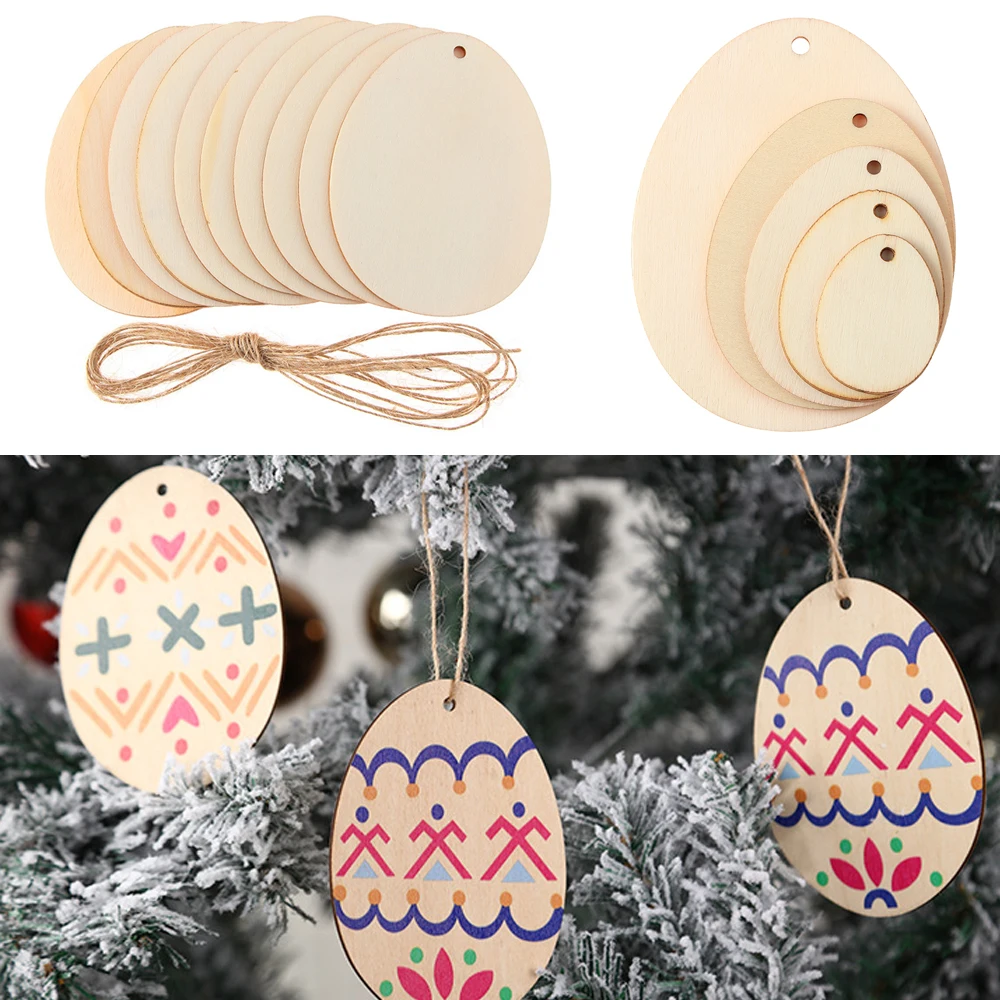 10/25/50pcs Happy Easter Eggs Drawing Wood Slice Craft Easter Decorations DIY Wood Graffiti Chips Hanging Ornaments