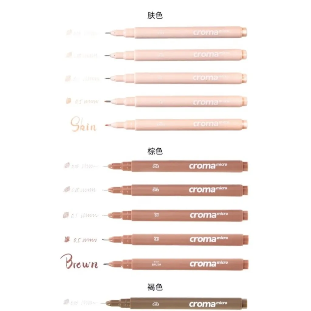 Croma Micro Fineliner Art Kalligraphie-Stifte, klassisches Set, weiche Nadelspitze, Künstler, Zeichnen, Skizzieren, Schwarz/Braun/Haut, Schreibwarenkunst – Detail 7