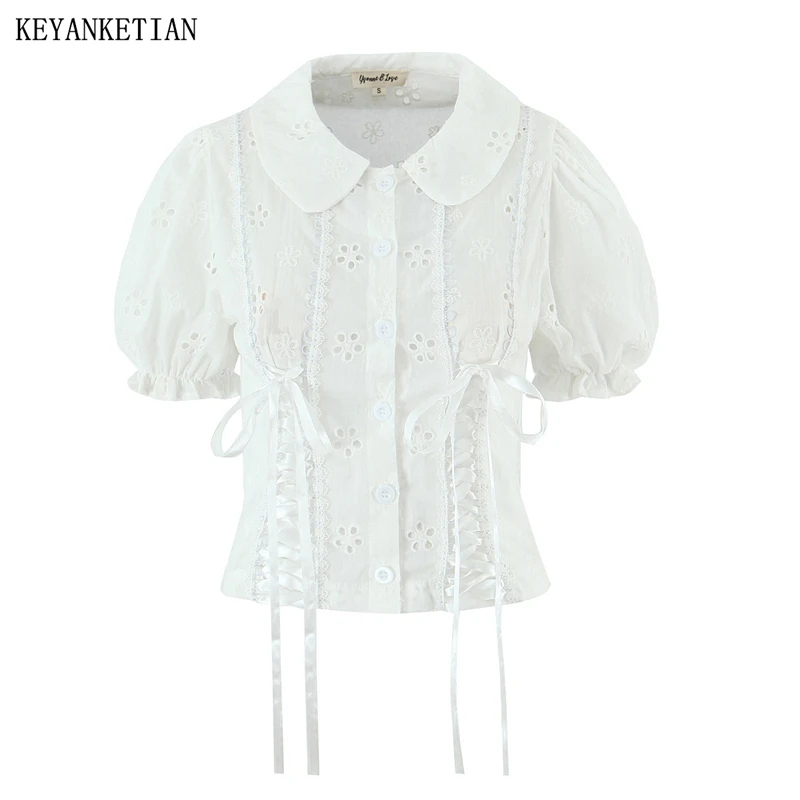 

KEYANKETIAN Summer New Women's Hollow out Embroidery Bow Decoration Short Shirt Sweet Doll collar Puff Sleeve Slim Blouses Top