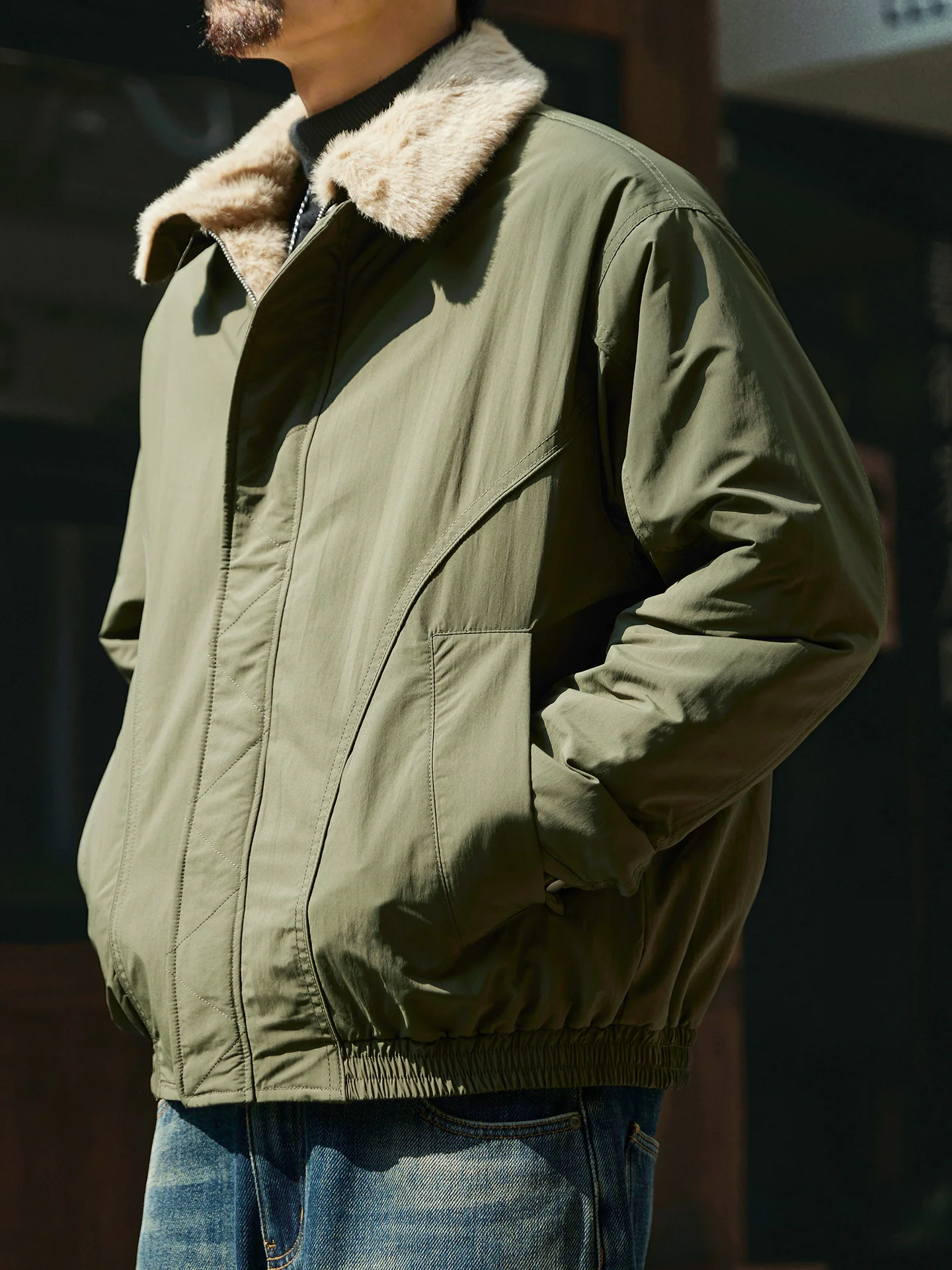 

Men's Winter Faux Fur Collar Jaet Warmth Oversized Polyester Fabric Long Sve Zipper Closure Color Workwear Coat