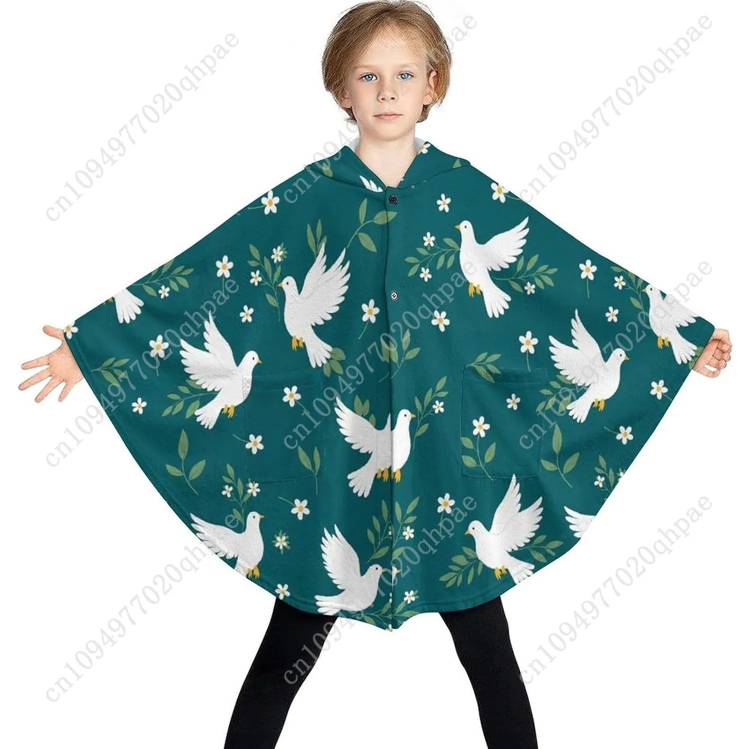 سترة مريحة من الفلانيل، سترة بغطاء للرأس كبيرة الحجم بأوراق الطيور البيضاء مع جيوب للأطفال والمراهقين