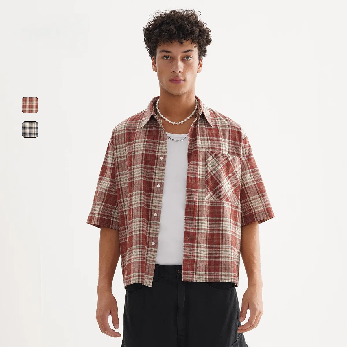 ‌Plaid Short Sleeve Shirt for Men‌ Casual Button Down,Lightweight Breathable Fabric,Trendy Streetwear,Summer Open Front Top