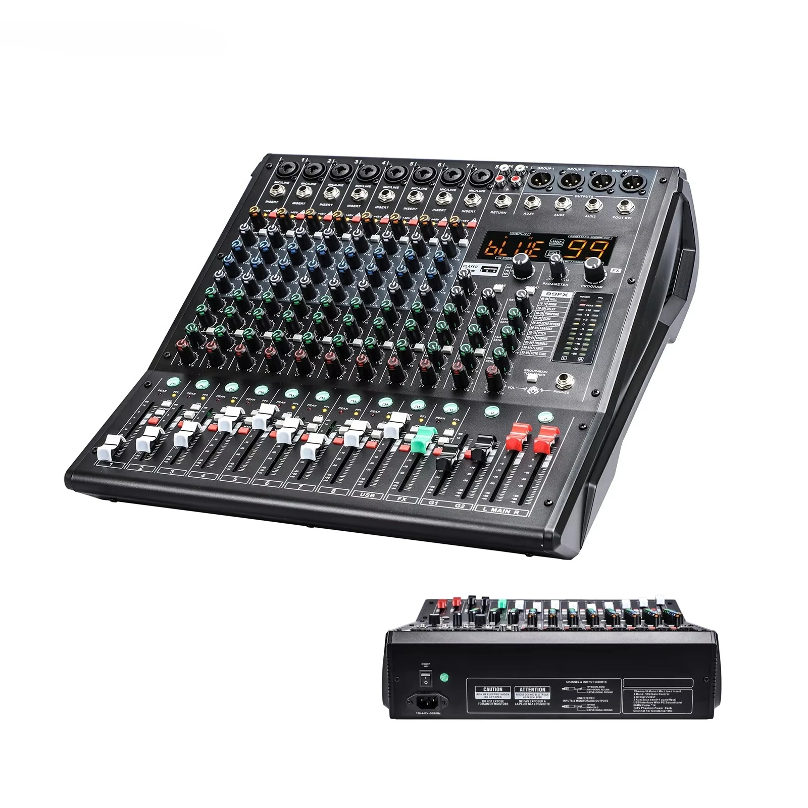 8/12CH بلوتوث جهاز مزج الصوت وحدة تحكم MP3 احترافية 99DSP/3 AUX/2 مجموعات/4 نطاقات EQ/48 فولت لكل قناة/قطع منخفض