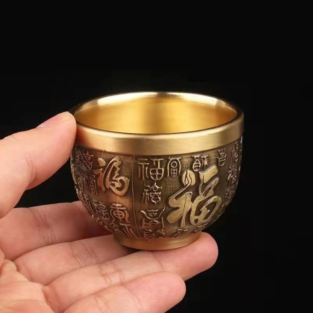 Vintage Retro Dragon Phoenix Cup Gold Traditional Hundred Blessings Cup Desktop Ornament Feng Shui Millet Cylinder Home Decor