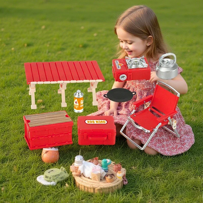 Simulação mini piquenique conjunto de acampamento casa de bonecas decoração cena ao ar livre mesas dobráveis cadeira fezes cassete fogões criança fingir jogar brinquedo
