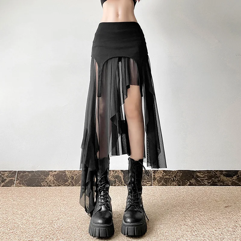 

Y2k Streetwear Black Women High Slit Ruched Bodycon Flowy Mesh Skirt Patched High Low Ruffle Hem Skirts Irregular Maxi Dress