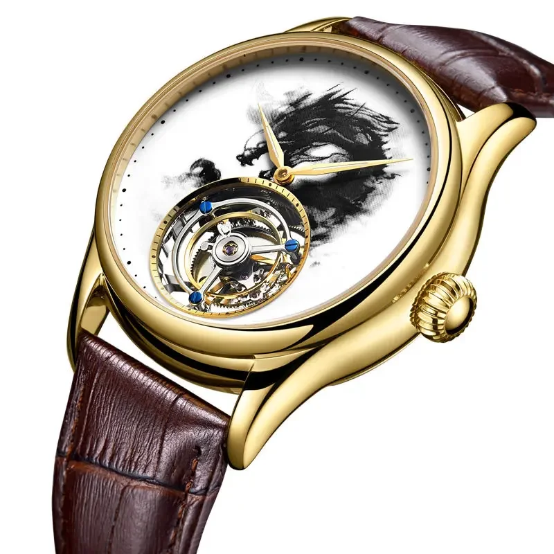 Men's Mechanical Watch Tourbillon Watch Waterproof Double-sided Stone Glass Stainless Steel Case Zodiac Dragon 7011