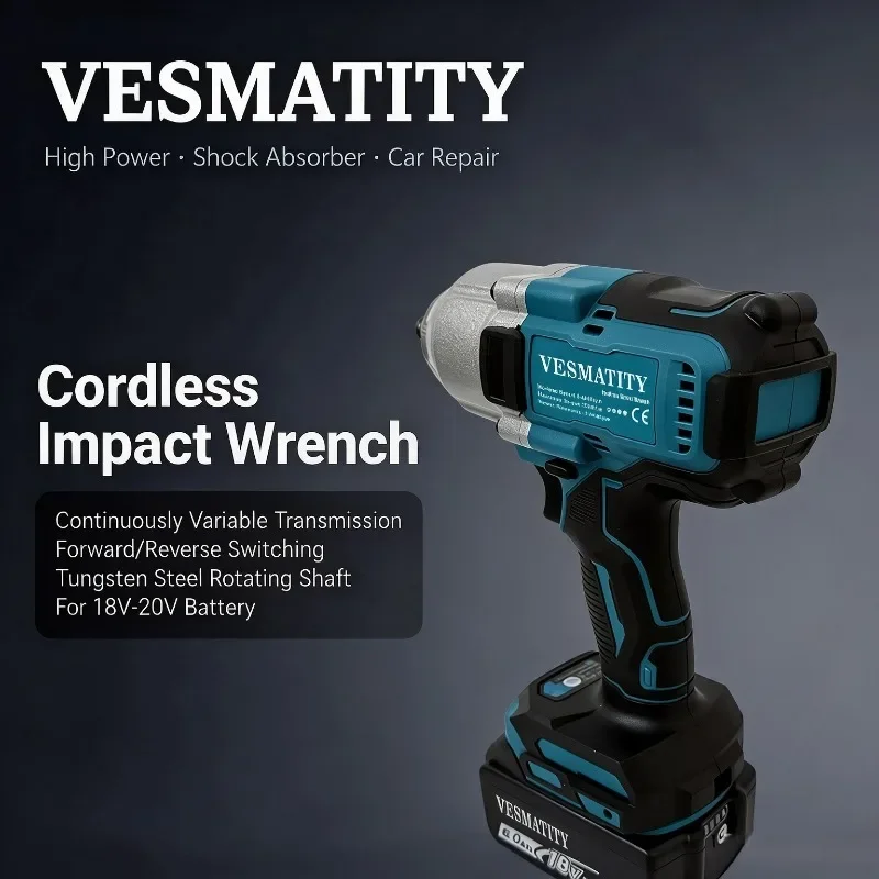 Cordless Impact Wrench High Power Shock Absorber CVT Forward Reverse Tungsten Steel Shaft for Car Repair For 18V-20V Battery
