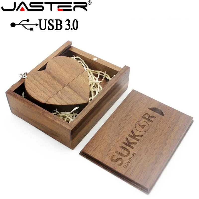 JASTER USB 3.0 with box wooden love heart model usb flash drive memory Stick 64GB 16GB 32GB 4GB wedding gifts free custom logo