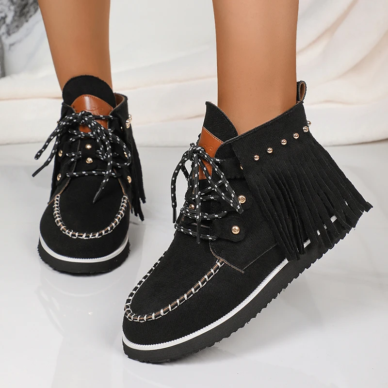 Vintage Tassel Lace-Up Western Boots for Women Autumn Winter Round Toe Cowgirl Rivet Boots Woman Suede Cowboy Chelsea Boots