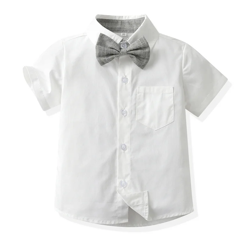 Top and Top-Ensemble de vêtements de gentleman pour enfants, chemises à nœud papillon à manches courtes et shorts à bretelles, olympiques pour