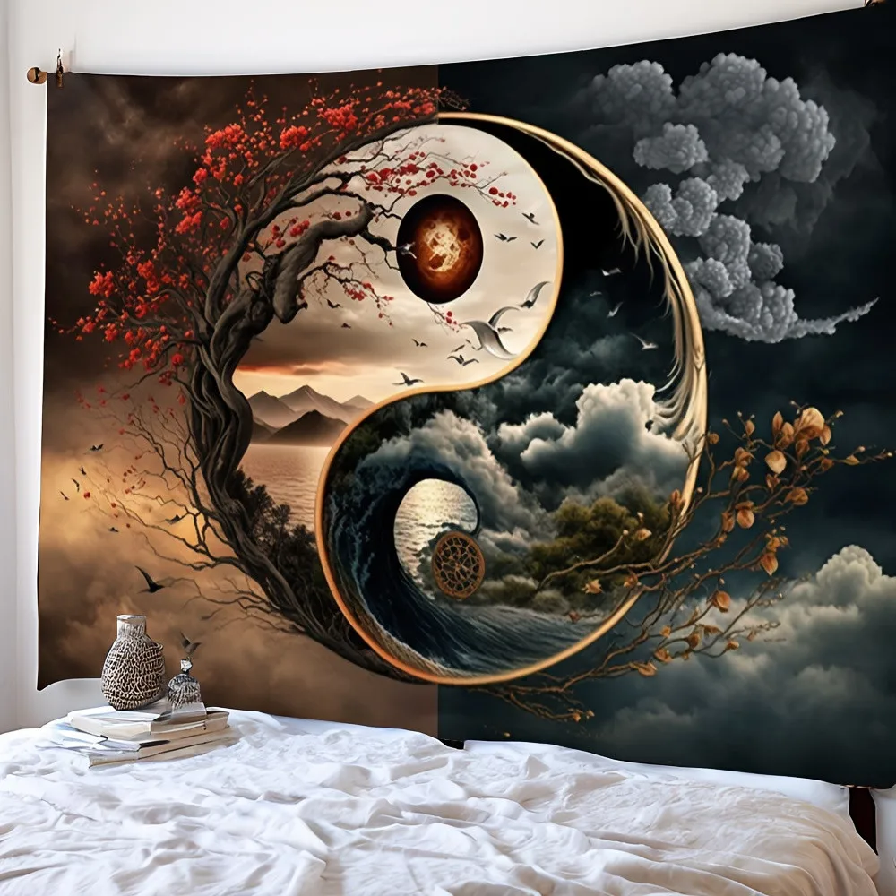 Yin Yang Tai Chi Tapestry – Fantasy Chinoiserie Wall Hanging Decor, Polyurethane Fabric Art Mural for Home & Office