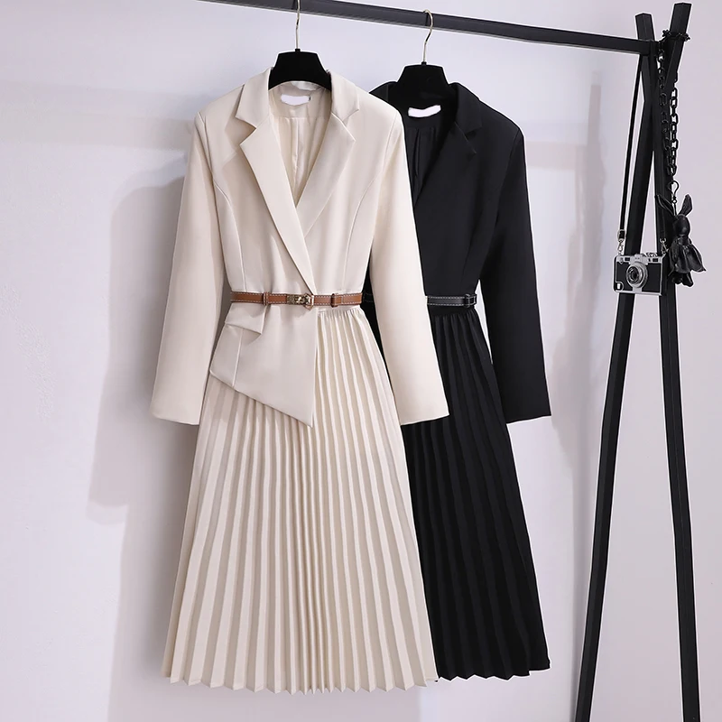 JSXDHK Spring Autumn Office Ladies Pleated Dress 2024 New Elegant French Women Notched Collar Patchwork Chiffon OL Midi Vestidos