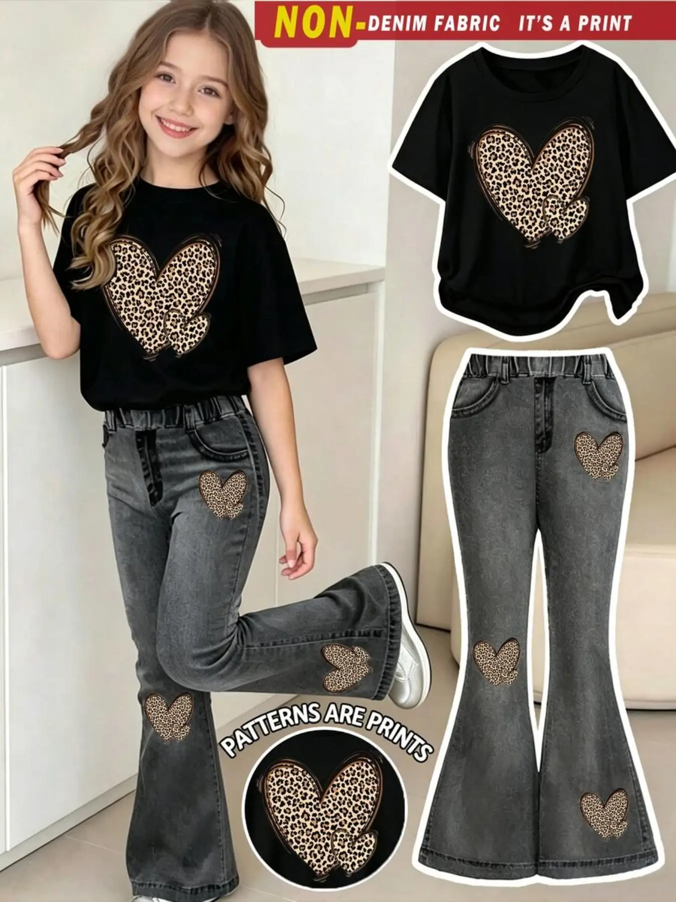 Sweet and Cool Style Girls' Two-Piece Set, Leopard Print Heart Digital Print Flared Pants Set, Elastic Waist Casual Sportswear Suitable for 4-12 Year Old Girls, Versatile Clothing for Home, Leisure, and Outings