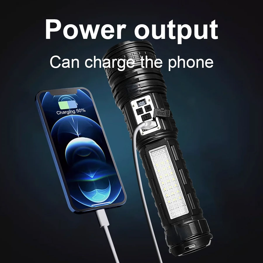 Super Powerful LED Flashlight Dual-Light Source Zoom Hand Lamp Waterproof Rechargeable Multi-Mode Outdoor Light Tactical Torch