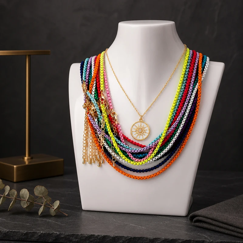 3mm 18 Inch Enamel Round Box Chain Necklace,Neon Red/Pink/Yellow/Green/Blue Fashion Jewelry Party Summer Beach Gift For Her H46