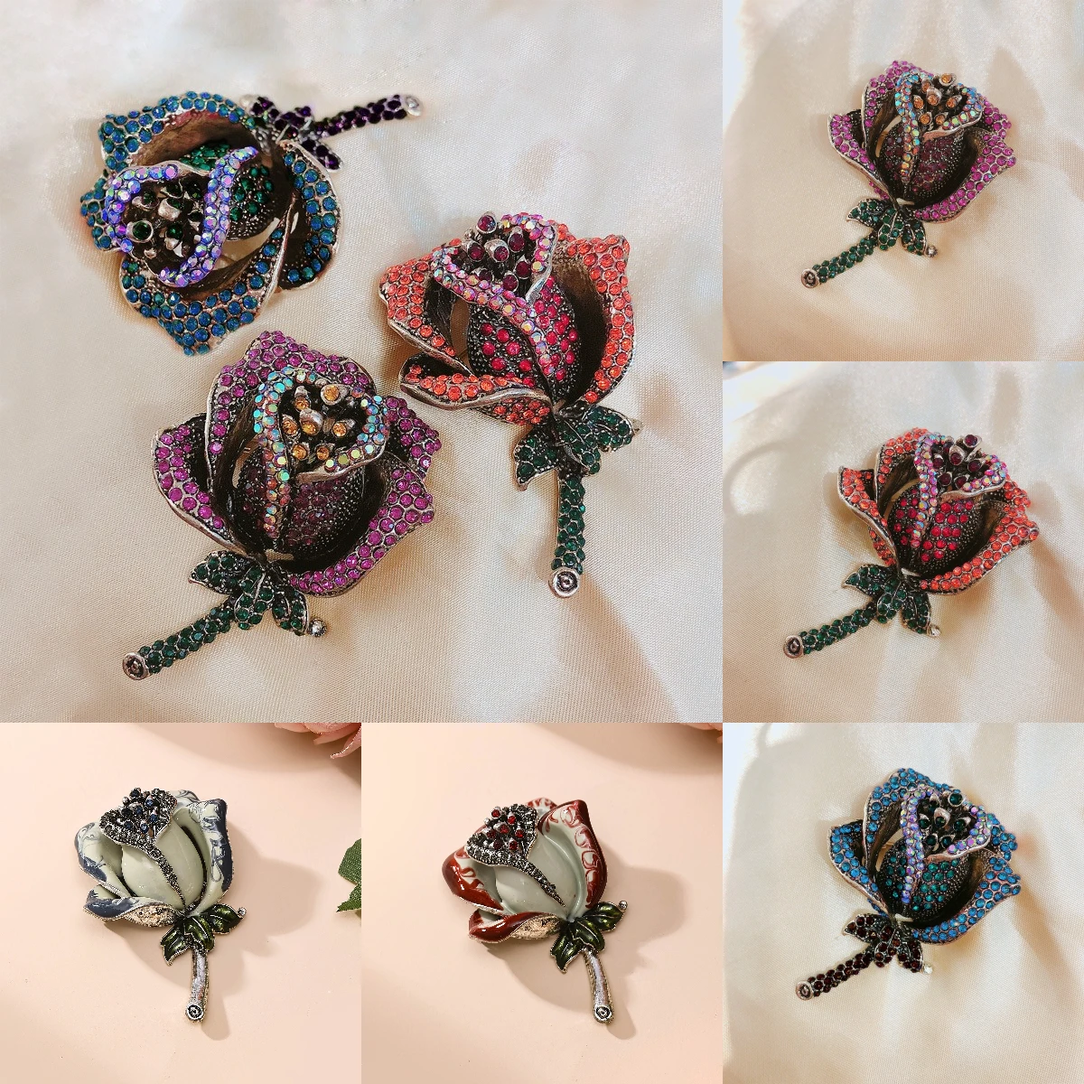 Cross border alloy diamond inlaid rose brooch, exaggerated popular flower chest flower suit brooch accessory for women