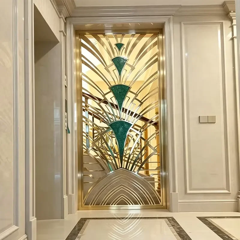 Bespoke Decorative Scroll Floral Metal Room Divider Gold Plated Hollow Carved Partition for Mansion