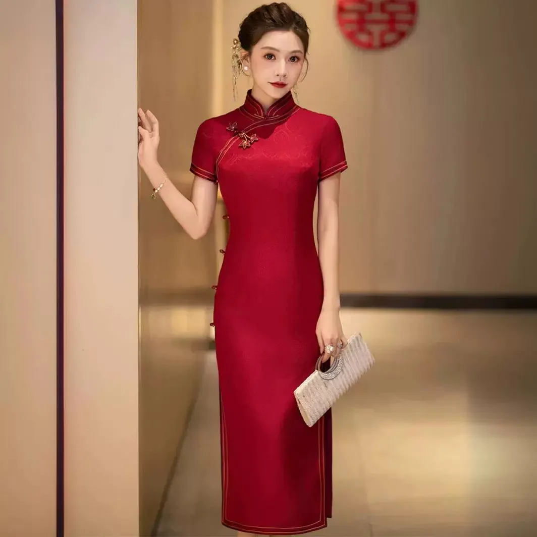 High-End High Quality Real Silk Cheongsam Qipao Wedding Suit 2024 New Woven Dress