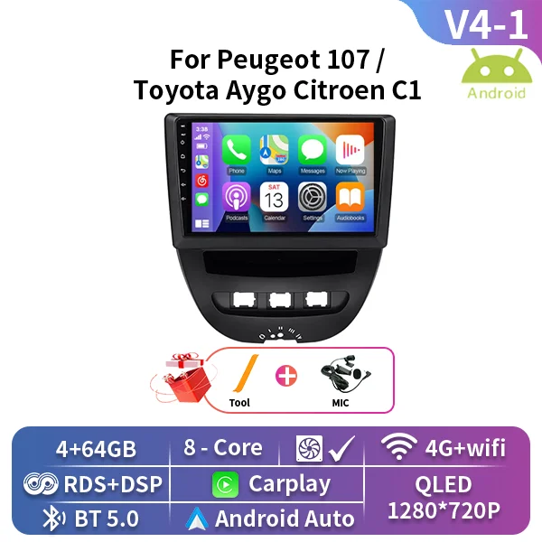 For Peugeot 107 For Toyota Aygo Citroen C1 2005-2014 Android Car Multimedia Video Player Navigation GPS 4G Carplay 2 Din Stereo