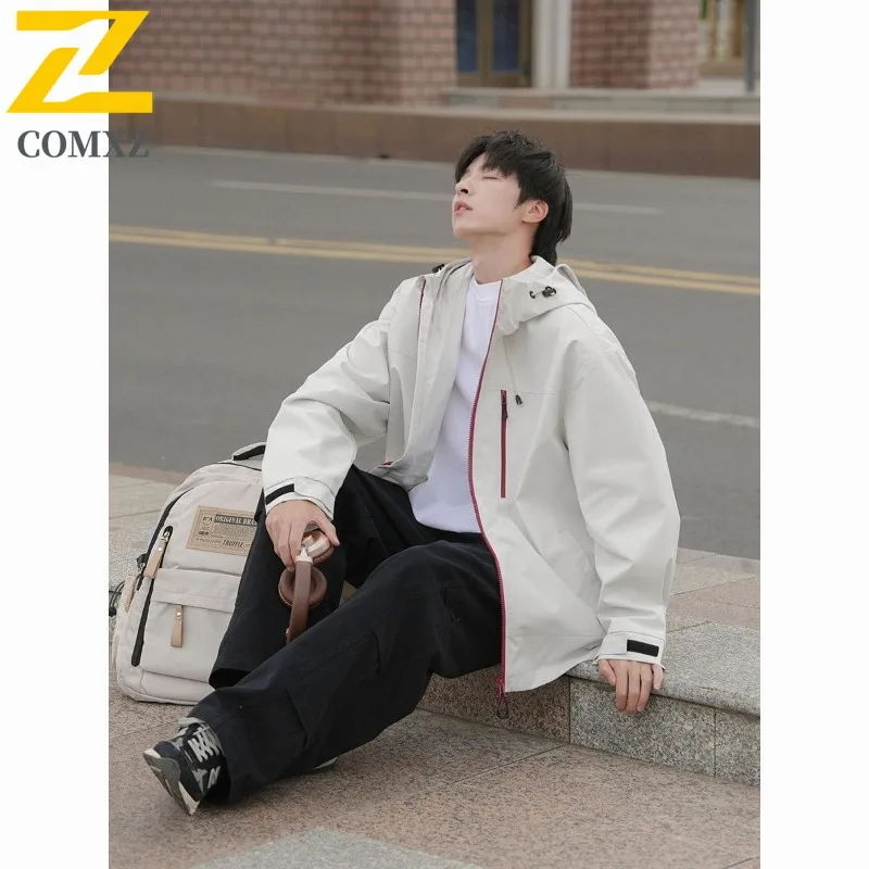 

COMXZ 2025 Mens Outdoor Sports Hiking Jacket Loose Fit Hooded Lightweight Windbreaker Windproof Waterproof Leisure Casual Coat