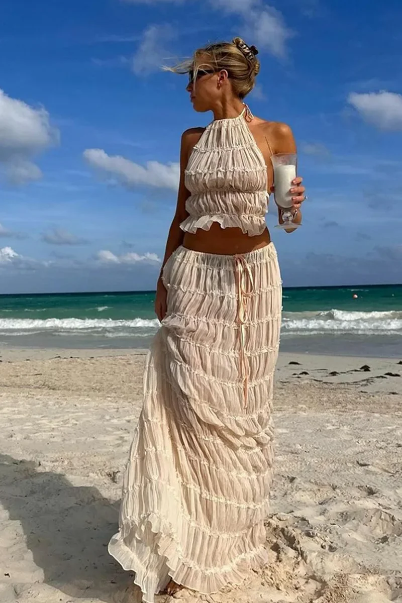 Women's Suit Sexy Sleeveless Backless Top High Waist Skirt 2 Piece Sets Chic Long Skirt Set for Women Lady Chic Beach Dresses