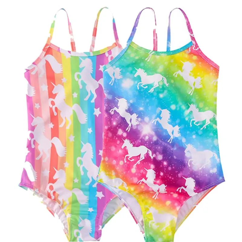 Summer Toddlers Kids Swimsuit Girl Rainbow Colorful Hot Stamping One-piece Strap Swimwear Fashion Quick Dry Bathing Suits 2-8Y