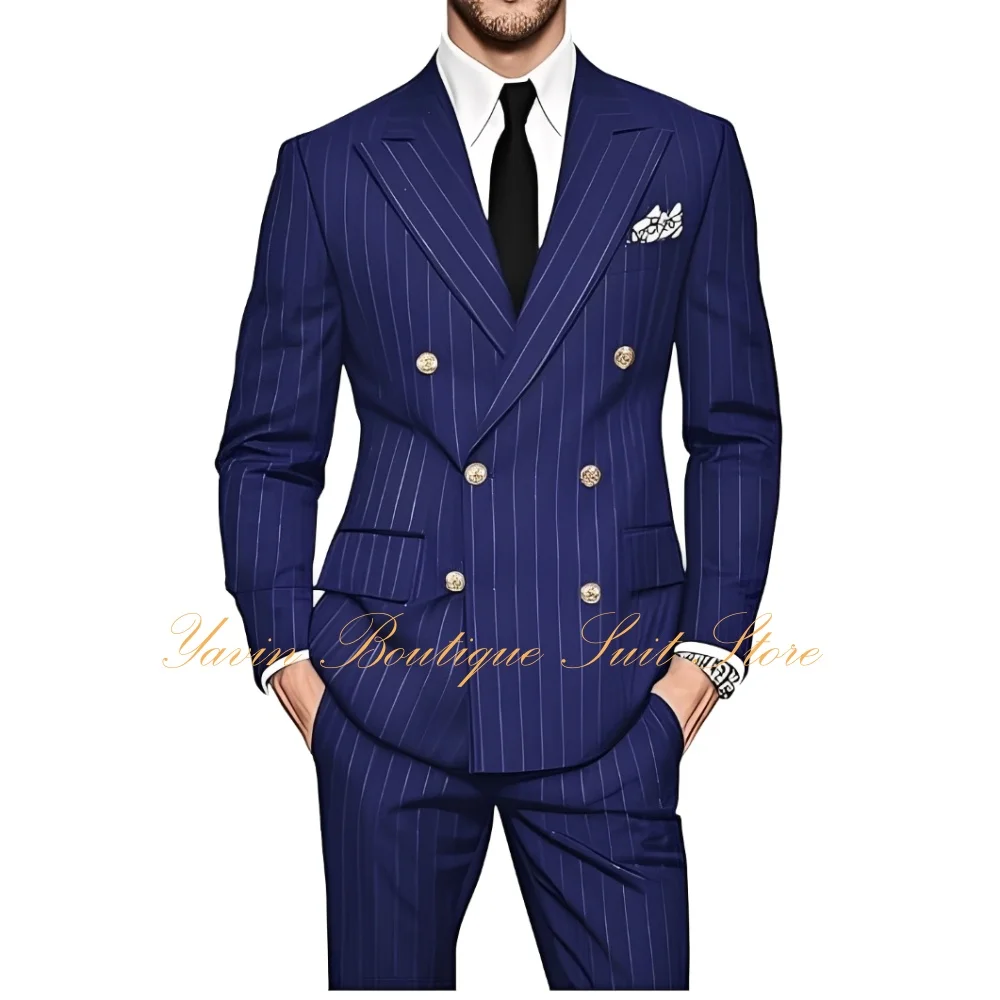 

Men's Pinstripe Suit 2 Pieces Regular Fit Double-Breasted Blazer Pants Suit for Wedding Groom Prom Tuxedo Men Suits