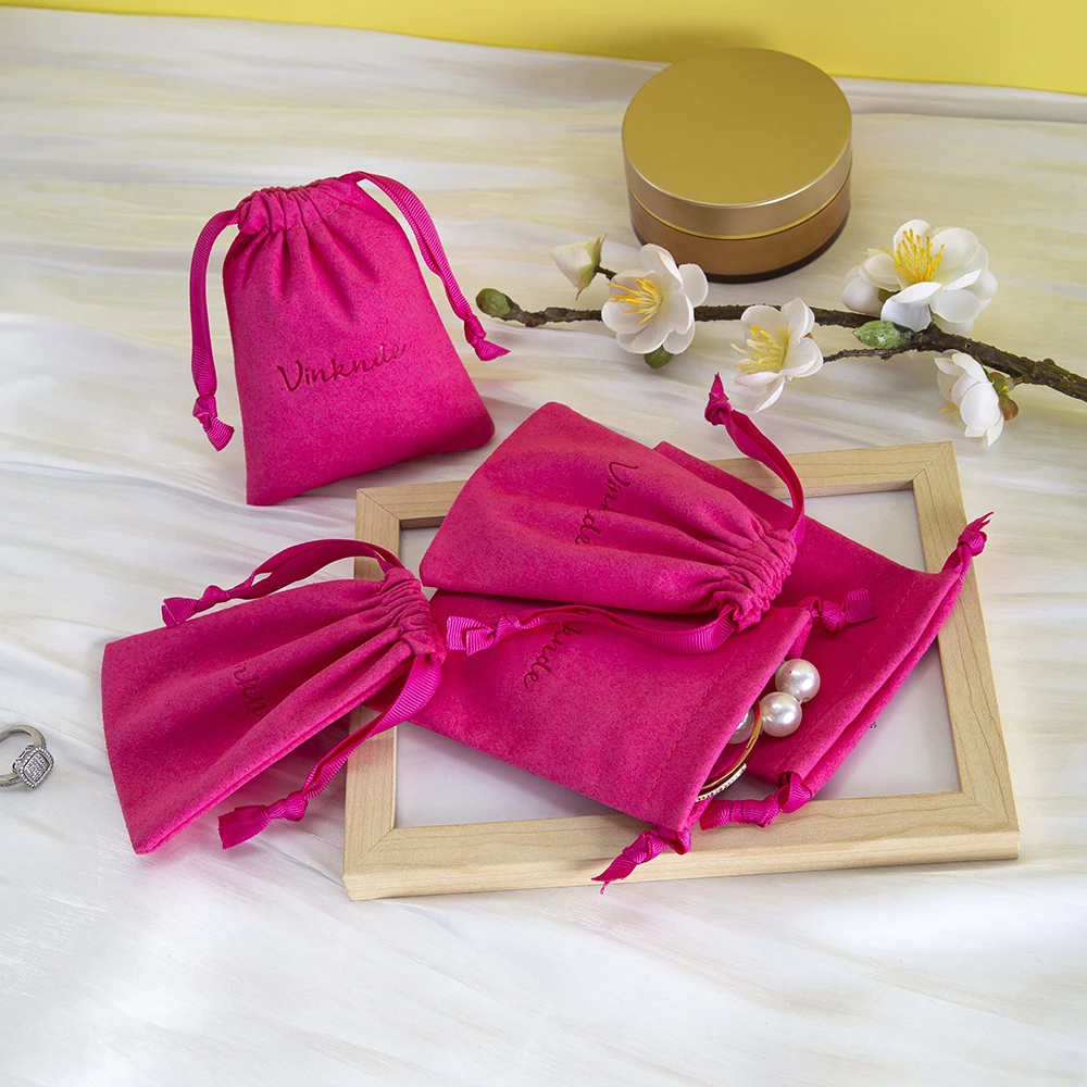 

3x4inch Microfiber Suede Jewelry Bag Rose Packaging Pouches With Ribbon Drawstring Personalization Logo Perfume Organizer Sack