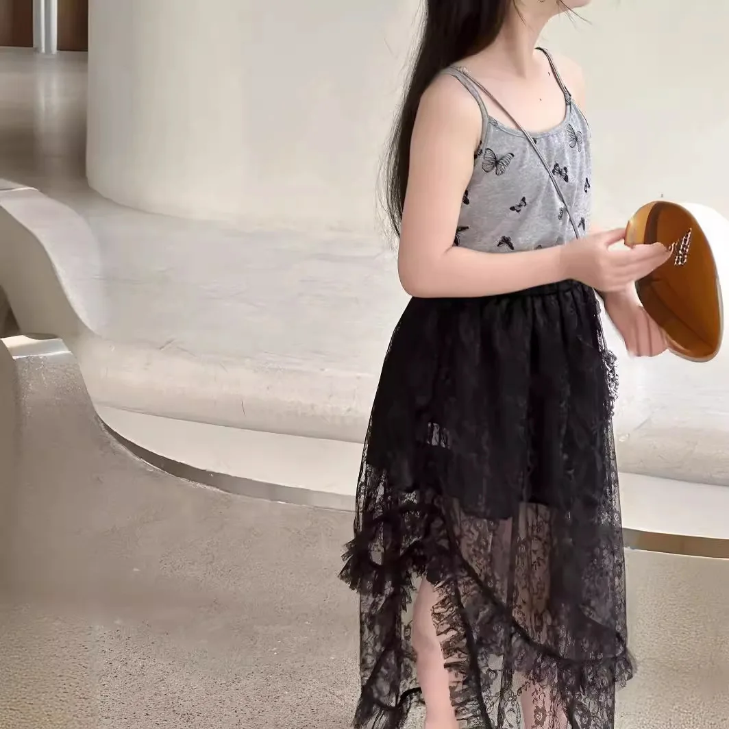 Girl Skirt 2024 Summer Korean Casual Girls Irregular Gauze Dress Big Girl Treasure Black Half Lace Dress Girl Princess Skirt