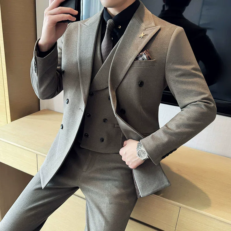 (Jacket+Vest+Pant) Autumn Winter Thickened Woolen Suit 2024 New High Quality Slim Business Tuxedo Fashion Wedding Social Suits