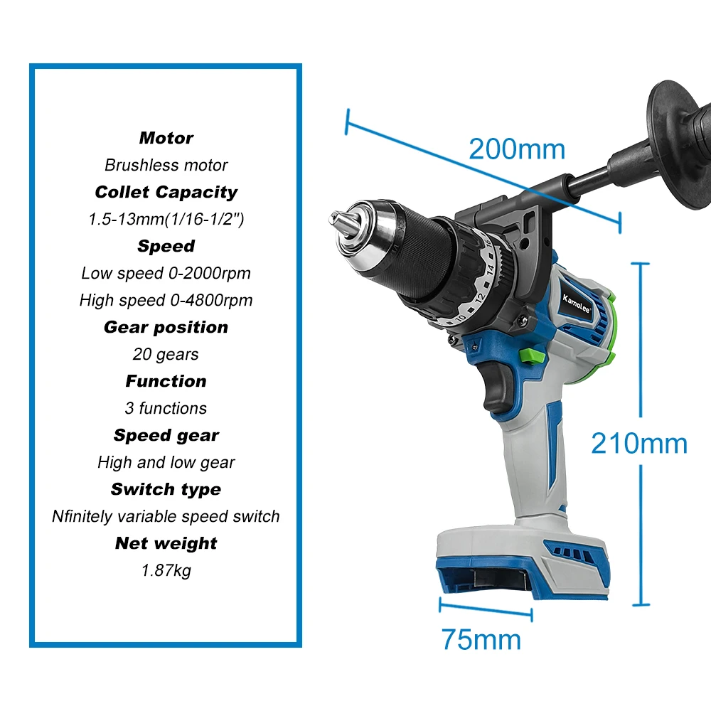 Kamolee 13MM Brushless Electric Impact Drill Cordless Screwdriver Lithium Battery Charging Hand Drill For Makita 18V Battery