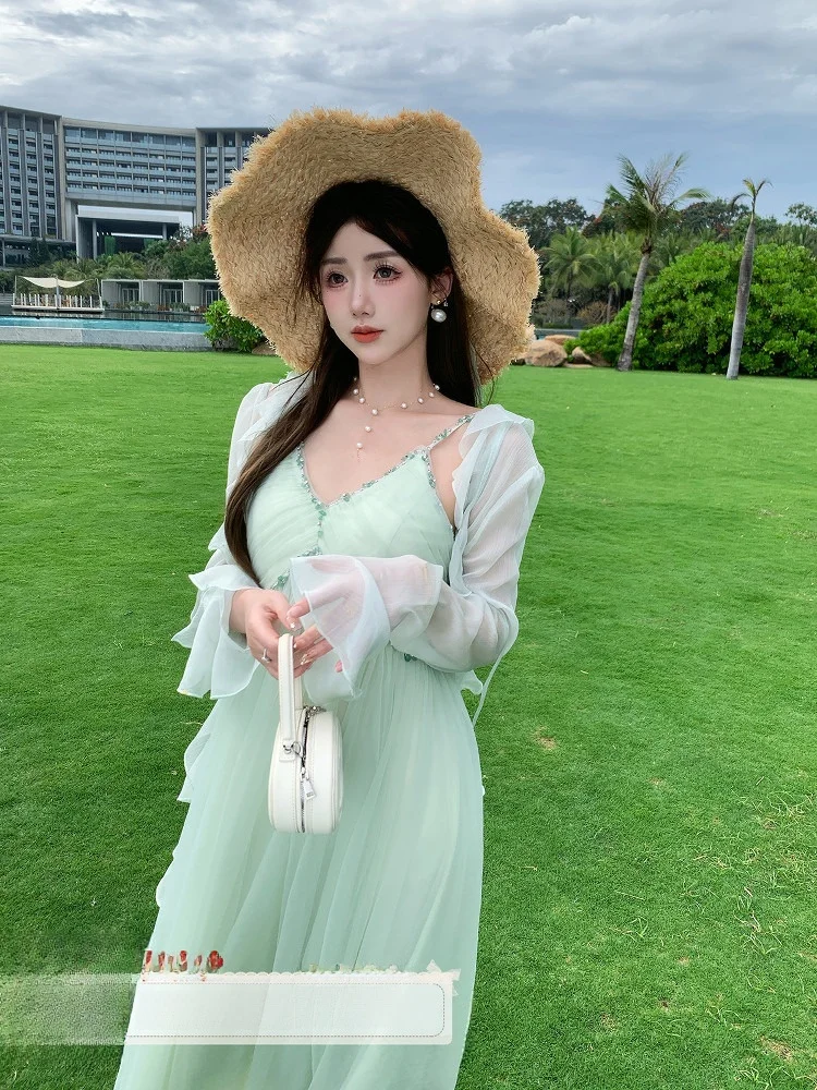 

Spring Sle Ice Ice Comes ort Length French Sle Loose Fit Sun Protection Lace Collar Bell Sve Chiffon Open Cardigan