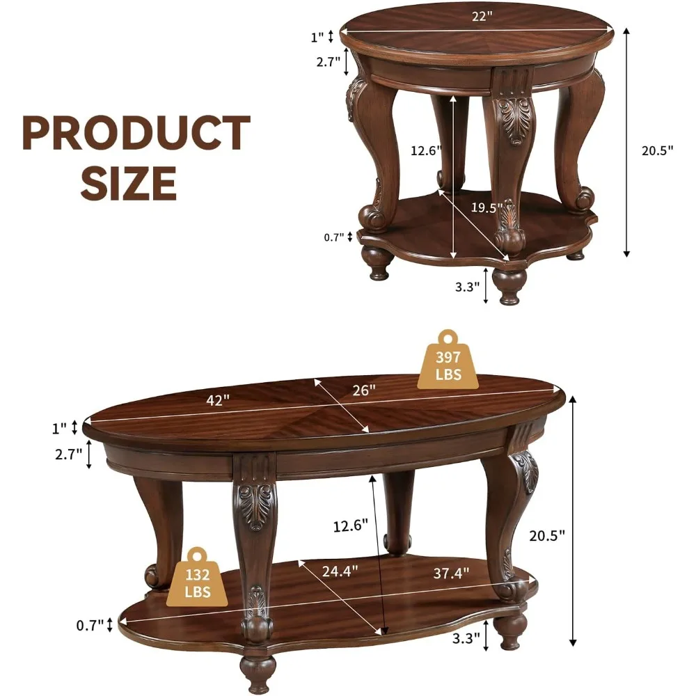 Farmhouse Style Oval and Round Coffee Table Set with Storage Shelf for Living Room, Antique Elegant Design