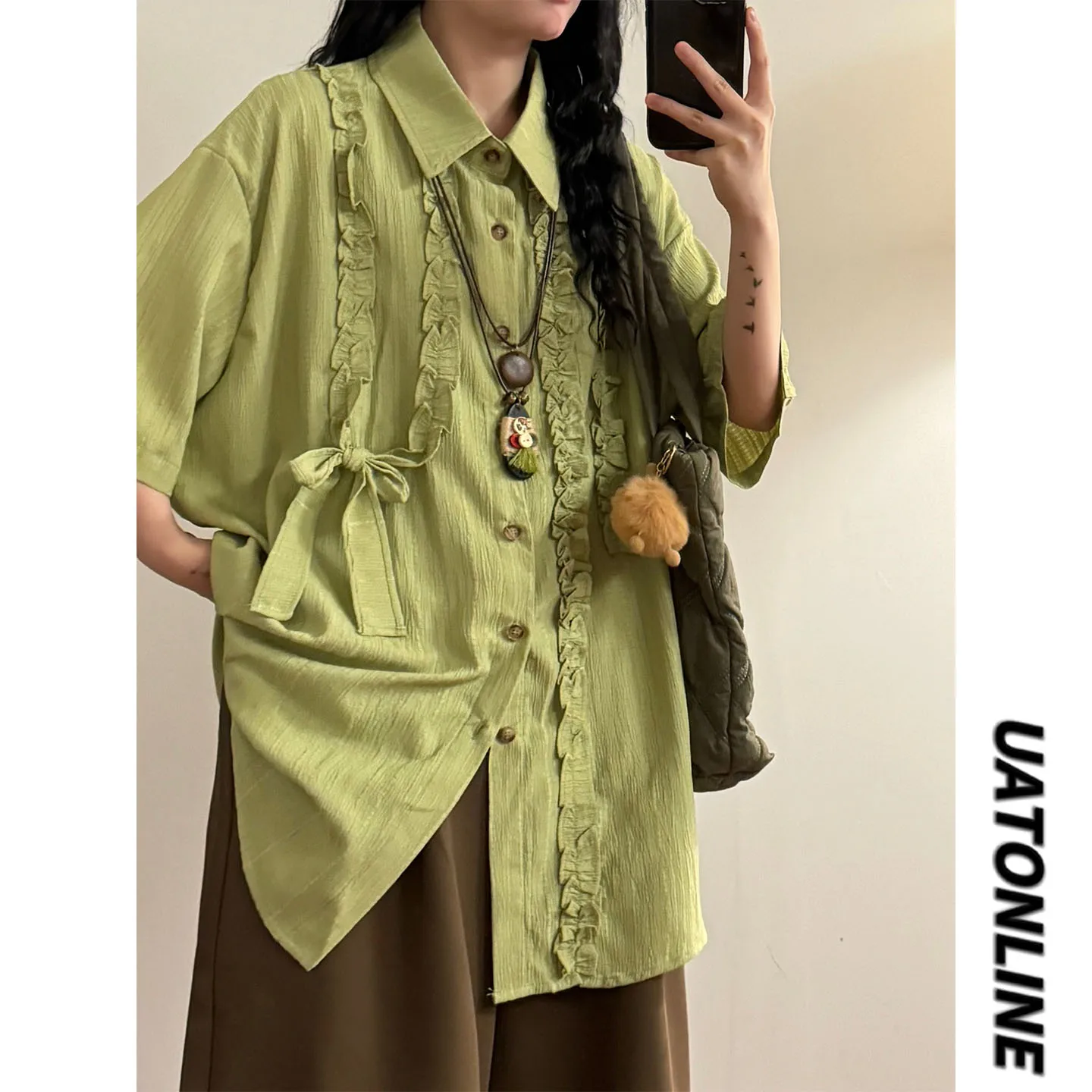 

UATONLINE2026 Рубашка унисекс в стиле ретро, японский стиль, свободный крой, повседневная, с коротким рукавом, с принтом под дерево, уличная одежда