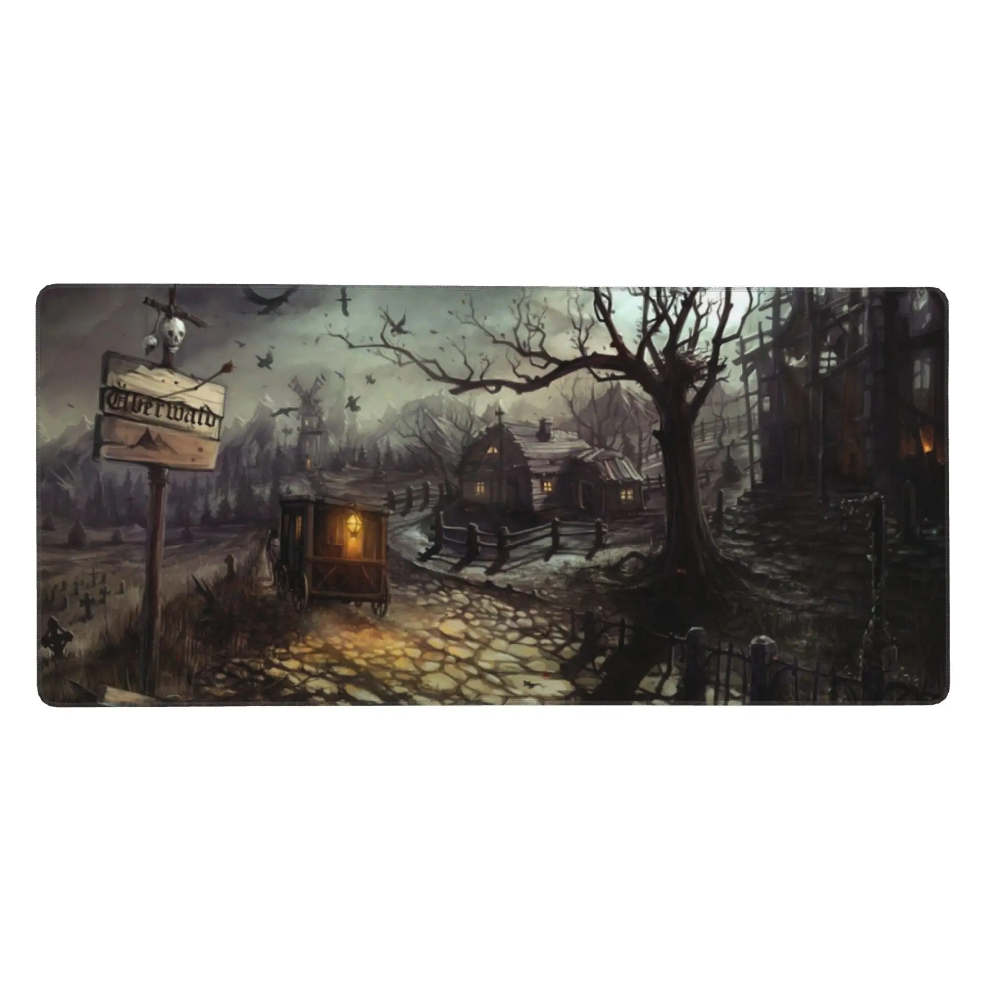 

Halloween Gloomy Village Large Mouse Pad Skeleton Road Sign Gaming Mousepad with Non-Slip Rubber for Computer Office 15.8×35.7In