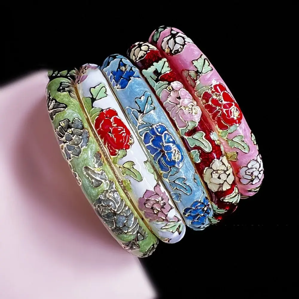 Enamel Chinese Cloisonne Bracelet Double Bangle Chinese Peony Filigree Flower Bangle Traditional Ethnic Women's Hand Bracelet