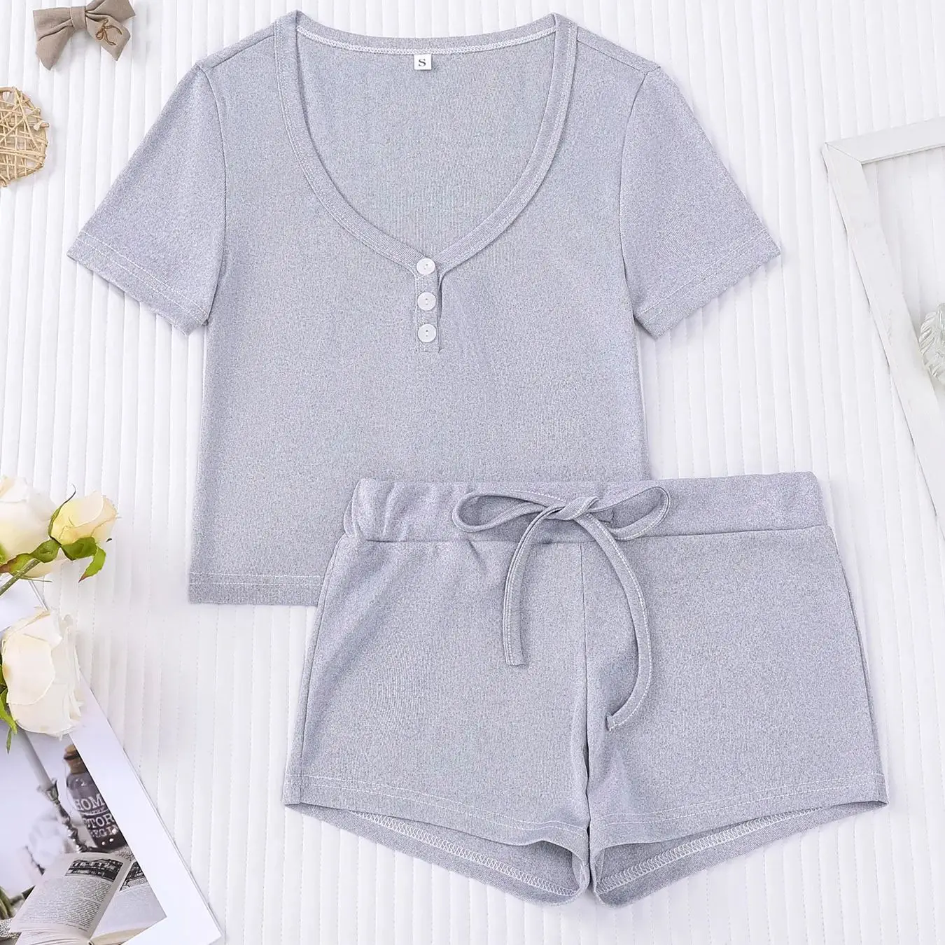 

Simple gray V-neck button short sleeved+high waisted drawstring shorts women's casual home sleepwear two-piece set