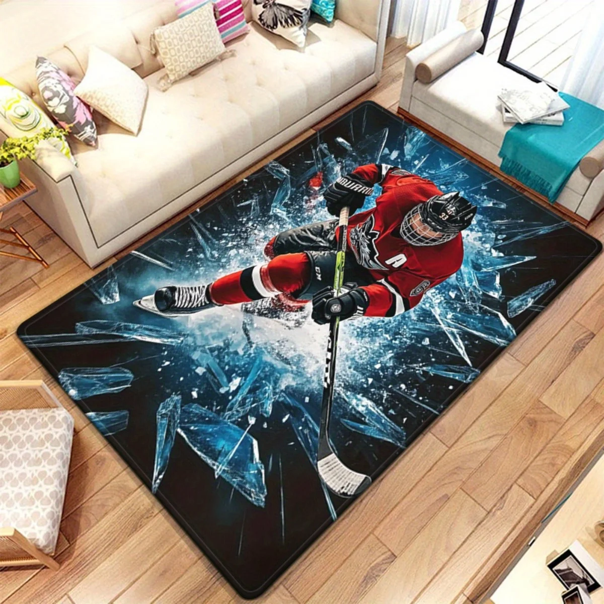 Ice Hockey Player Theme Area Rug, Non-Slip Absorbent Washable Floor Mat for Kitchen Bathroom, Home Entryway Yoga Decor