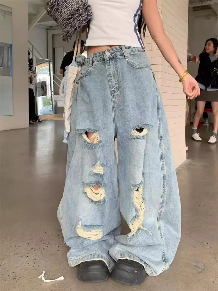 

Large Size American Vibe Washed Vintage Hole Denim Jeans Women's Street Style Straight Loose Slim Wide Leg Long Pants