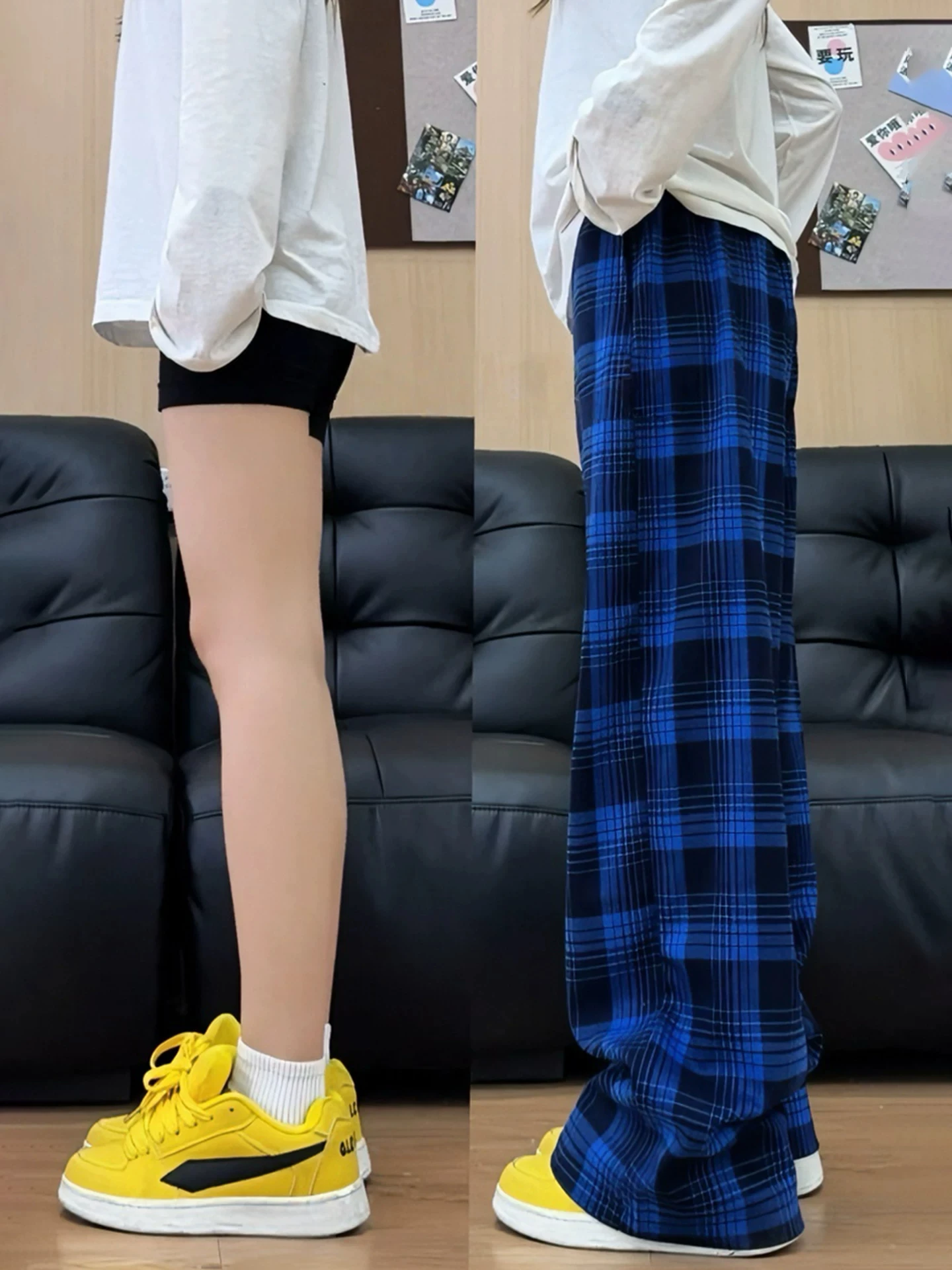 American Retro Blue Plaid Men's Summer Thin Wide Leg Pants Straight Cut Loose Fit Casual Trousers Breathable Slimming Effect