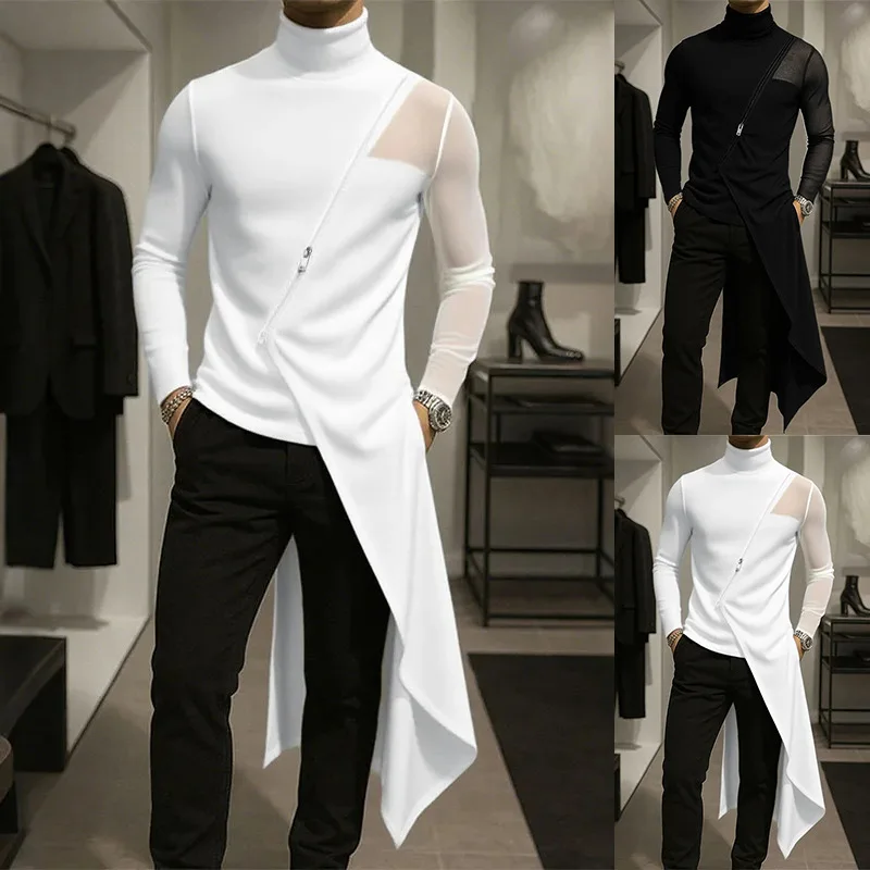 Men Turtleneck Mesh Splice Long Sleeve Top Asymmetric Irregular Long Hem Diagonal Zipper Slim Fit Nightclub Fashion Party Blouse