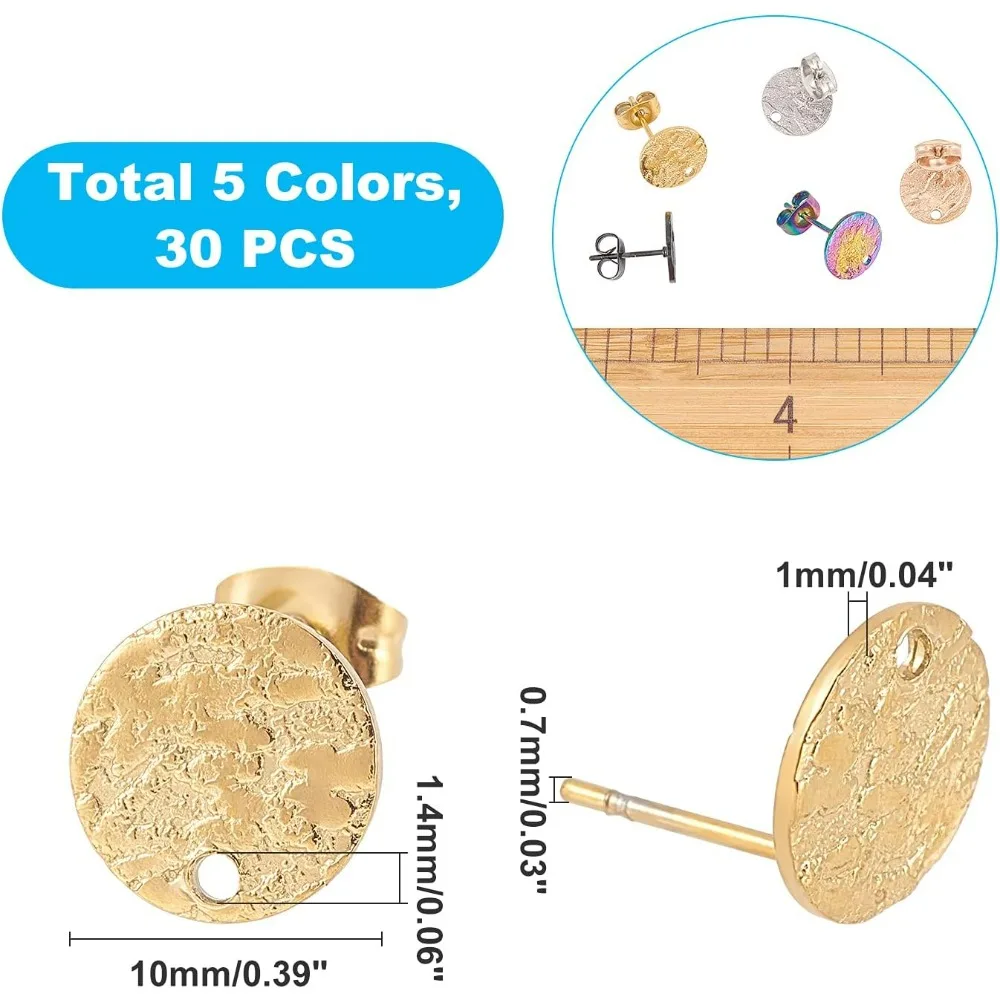 30pcs 5 Colors 10mm Stainless Steel Earrings Posts Flat Pad with Butterfly Earring Backs Earring Pin Studs for Earring Making