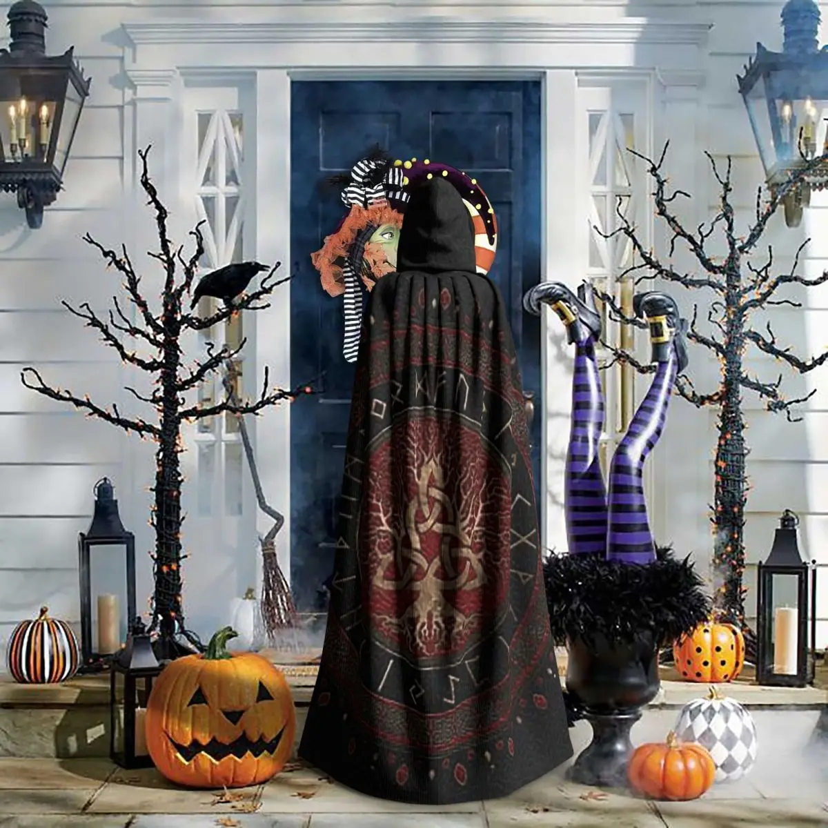 

Tree Of Life With Triquetra Black Red Leather And Gold Long Hooded Cloak Witch Medieval Costume Cosplay Cape HalloweenVampire