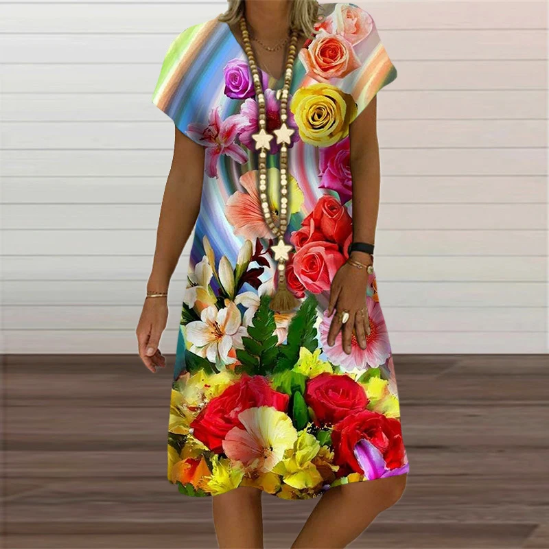 2023 New Women Dresses Summer Fashion Raindrop Flower 3D Print Dress Casual V-Neck Short Sleeve Loose Oversized Clothing Vestido