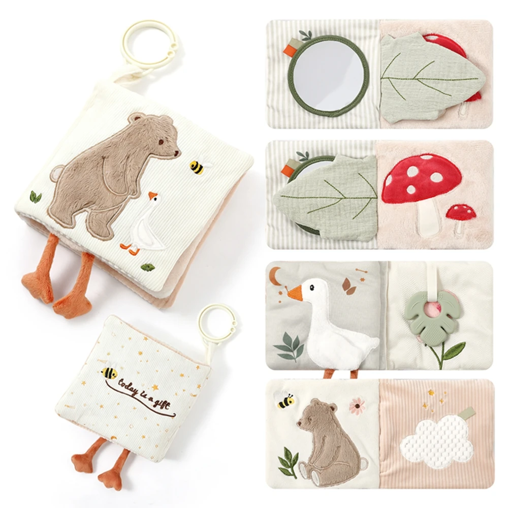 

Мягкая развивающая книжка-игрушка для малышей с зеркалом, прорезывателем и погремушкой в виде медведя, с кольцом для подвешивания, для раннего развития, подарок