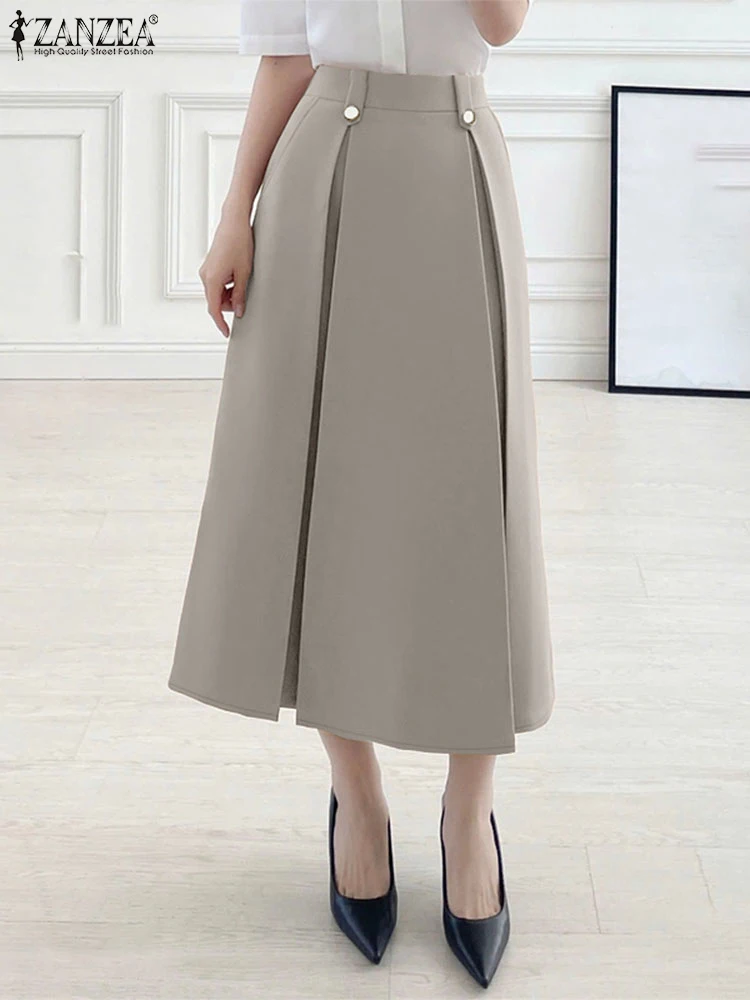 

ZANZEA Vintage High Waist Skirts Women Fashion Pleated A-Line Overskirts Workwear Buttons Pockets Casual Office OL Long Bottoms