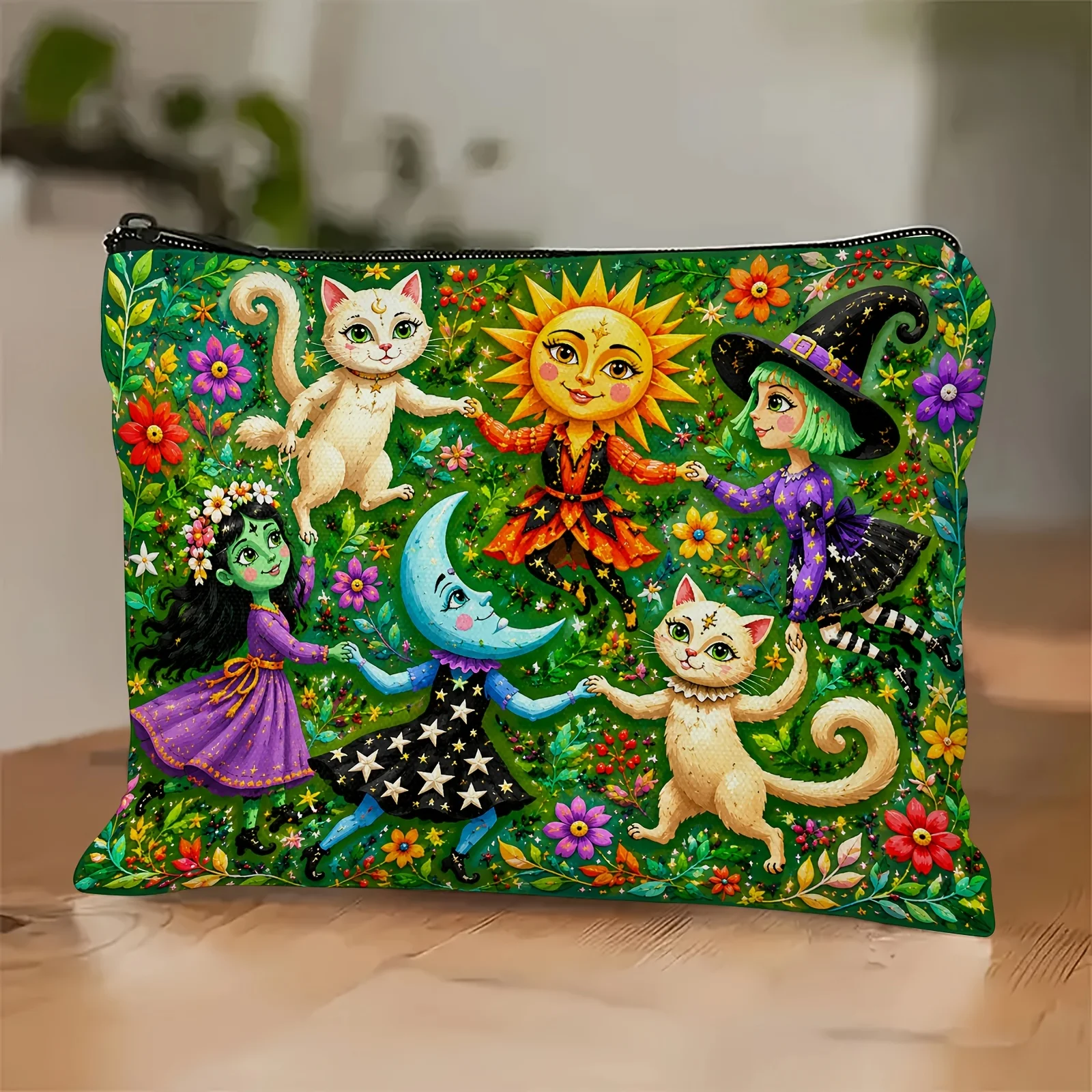 Enchanted Forest Wizard's Ball A Double-sided Printed Cosmetic Bag Featuring the Sun, Moon, Witches, and Cats Joyfully Bag