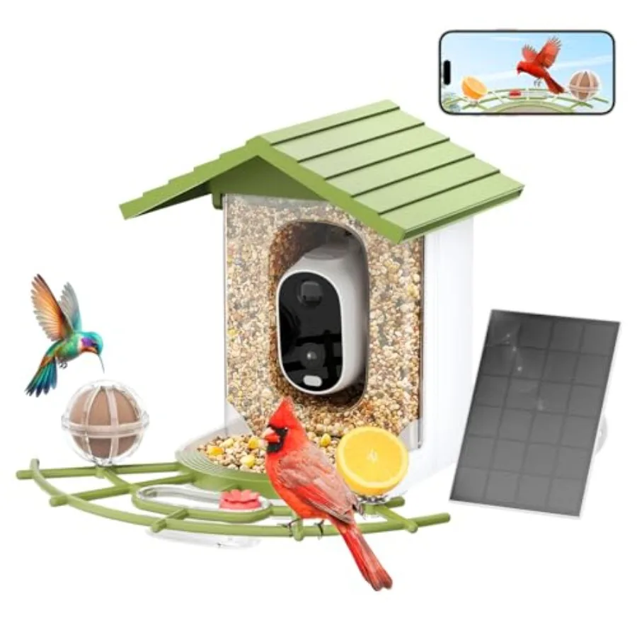 

Outdoor smart bird feeder with solar-powered 2.5K QHD camera AI bird identification instant notifications 2.4GHz WiFi 2-way aud